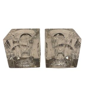 CITADEL Pair of 24% Lead Crystal Made In Mexico Ice Cube Candle Holders 2.5”Tall